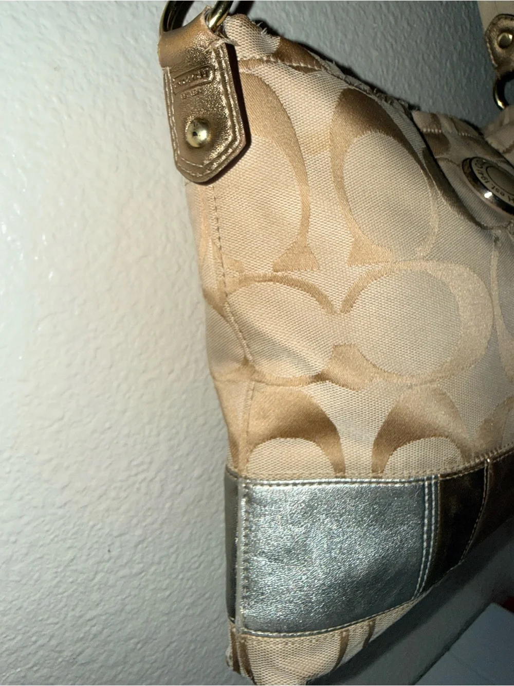 Coach Beige Signature Logo Shoulder Bag with Metallic Trim